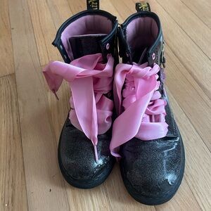 Dr. Martens Kids Black Glitter Boots with Pink Ribbons